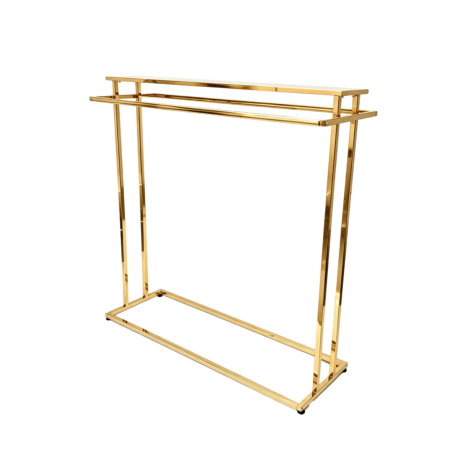 Luxury electroplated gold supermarket garment display rack BH-005 for retail store island merchandising, front view on white.