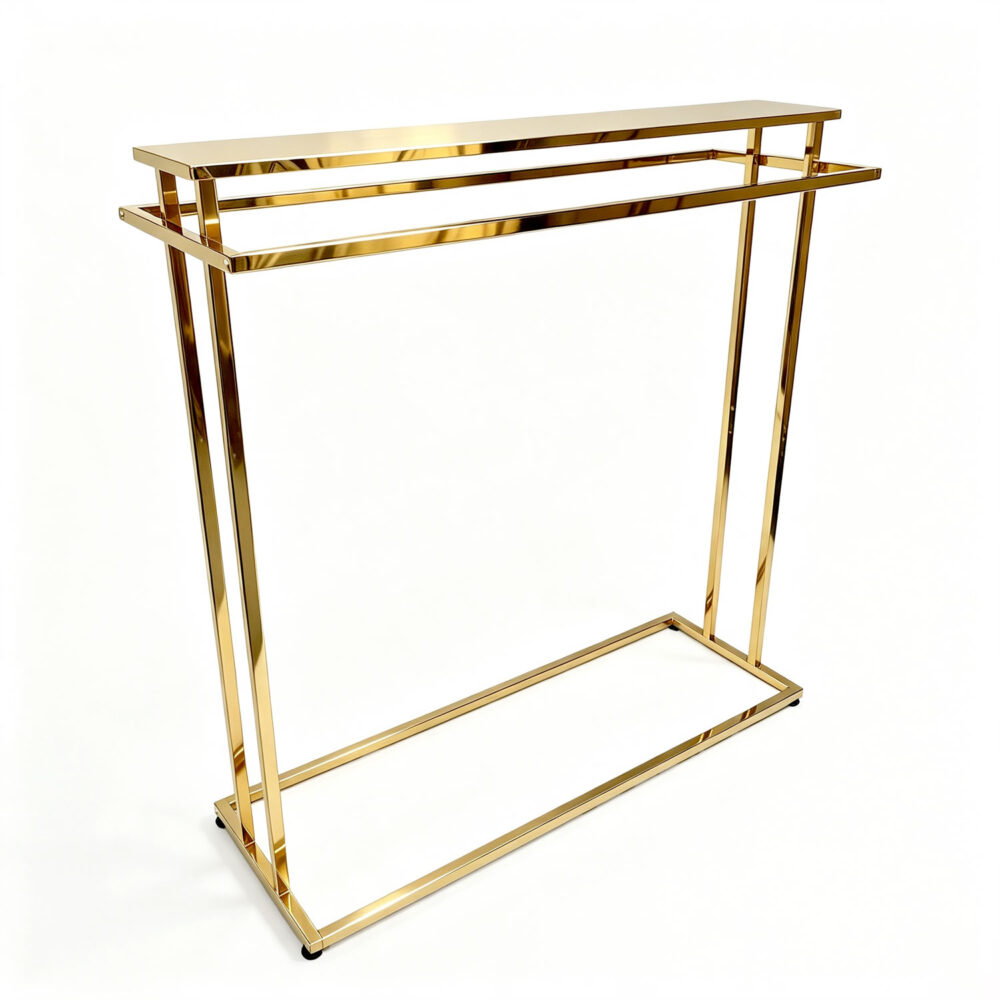 Perspective view of electroplated gold supermarket clothing rack BH-005 displaying 150cm hanging rail and levelers on white.