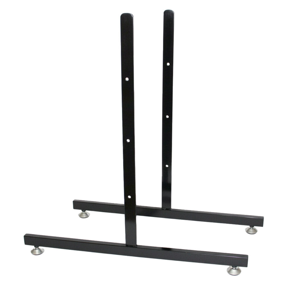 Heavy-duty black metal T-leg base support for wire grid panel island displays, isolated on white background.