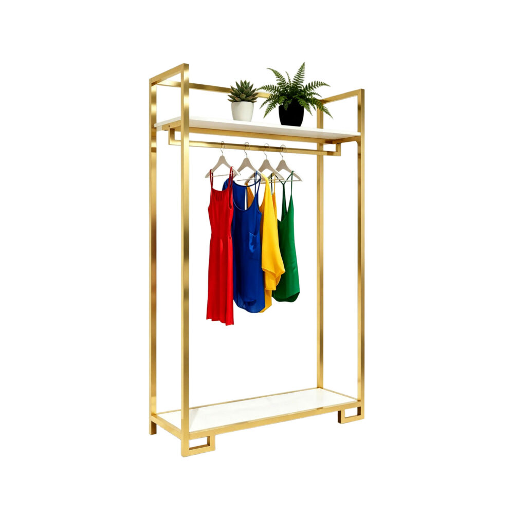 78-inch tall titanium gold stainless steel garment rack with top and bottom white wooden shelves, isolated on white background.