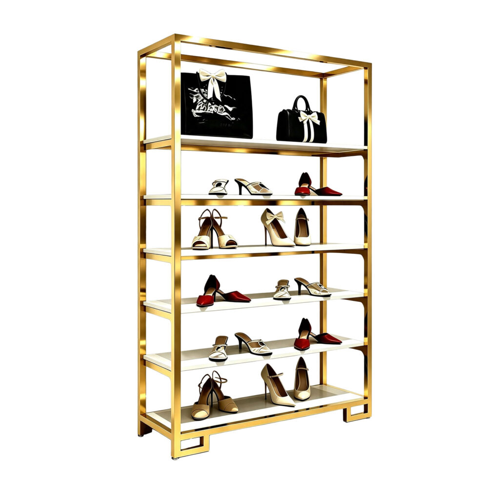 Commercial 78-inch tall gold shoe display shelf showcasing luxury heels in a modern shoe boutique.
