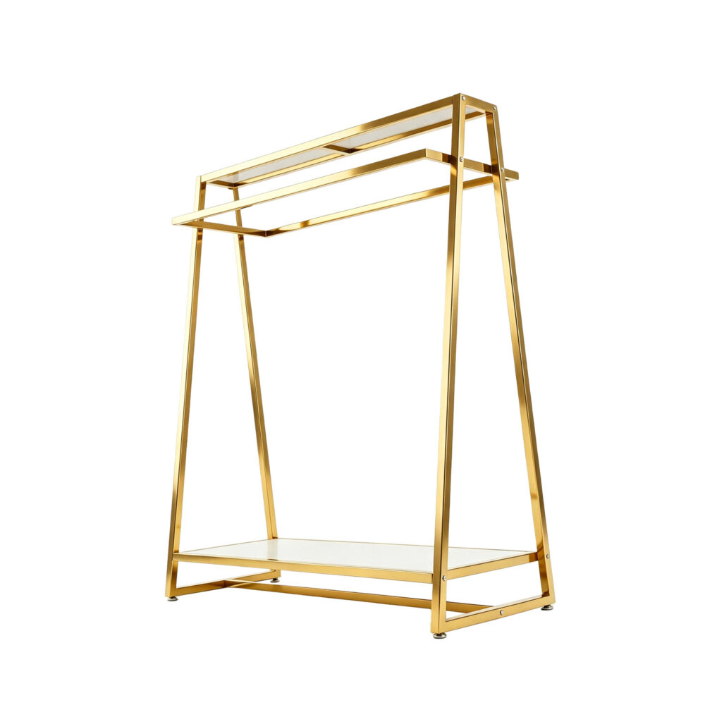 Commercial titanium gold stainless steel A-frame garment rack with top and bottom wooden shelves, isolated on white background.