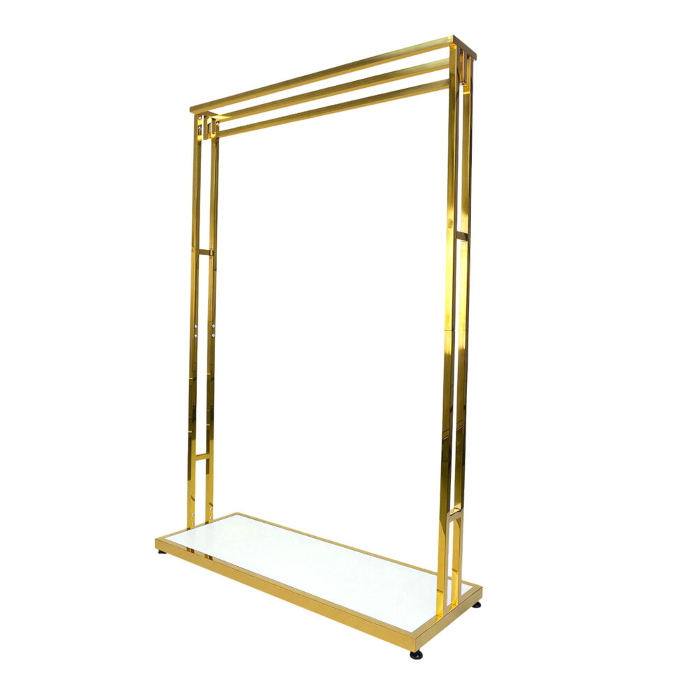 70-inch tall titanium gold stainless steel garment rack with white bottom shelf, isolated on white background.