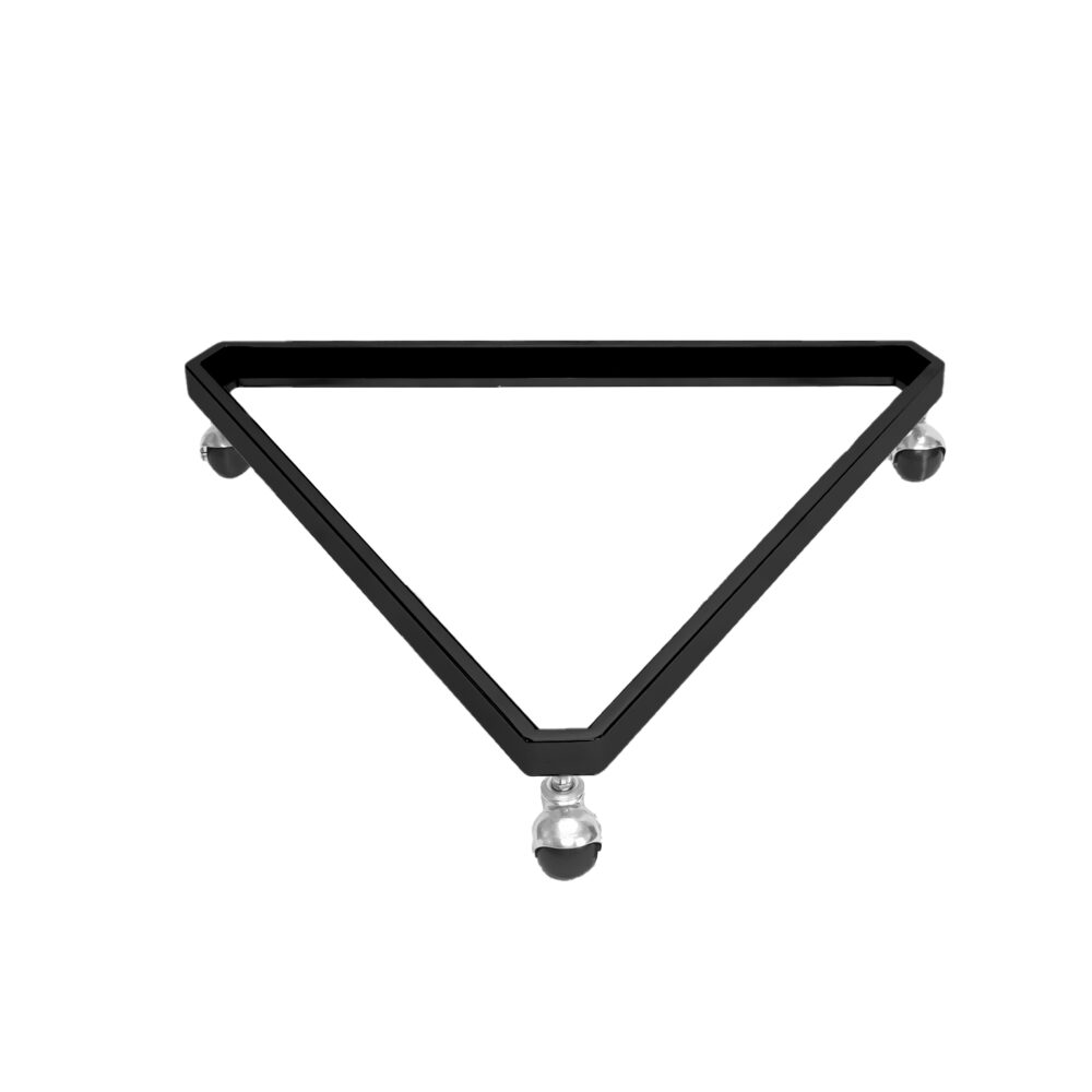 Heavy-duty black metal triangle base for 3-sided wire gridwall panel display towers, isolated on white background.