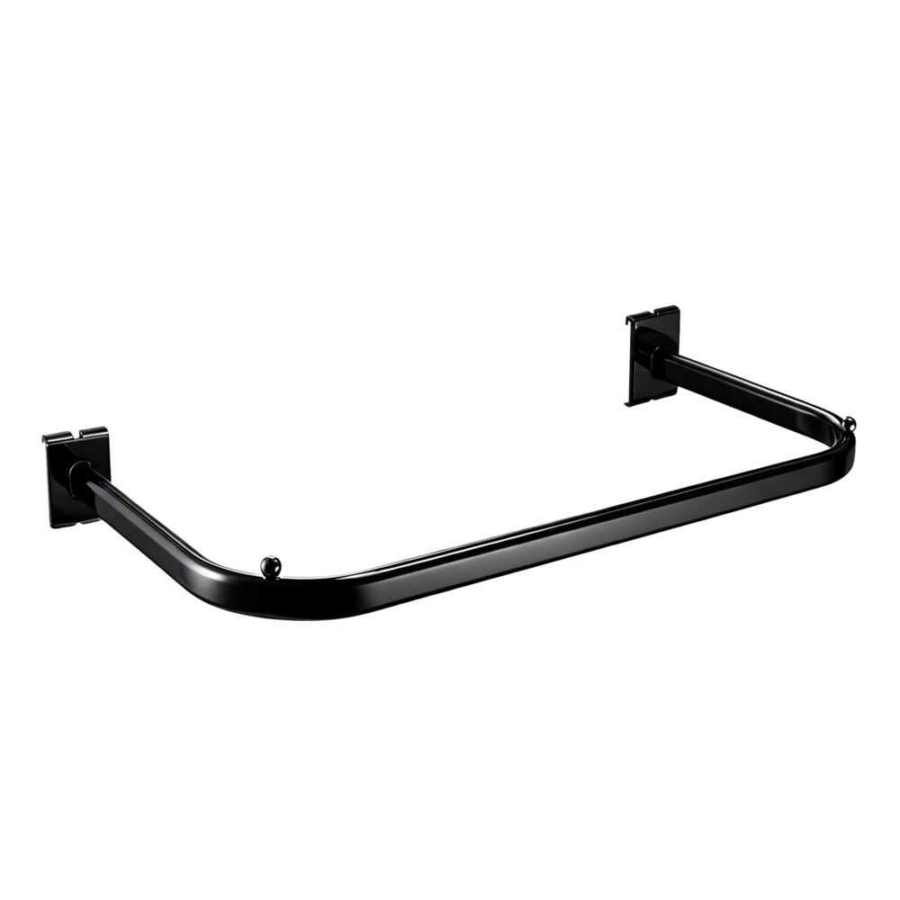 Heavy-duty black U-shaped round steel tubing hangrail for wire gridwall panels, isolated on white background.
