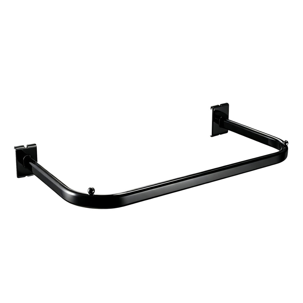 Heavy-duty black U-shaped round steel tubing hangrail for wire gridwall panels, isolated on white background.
