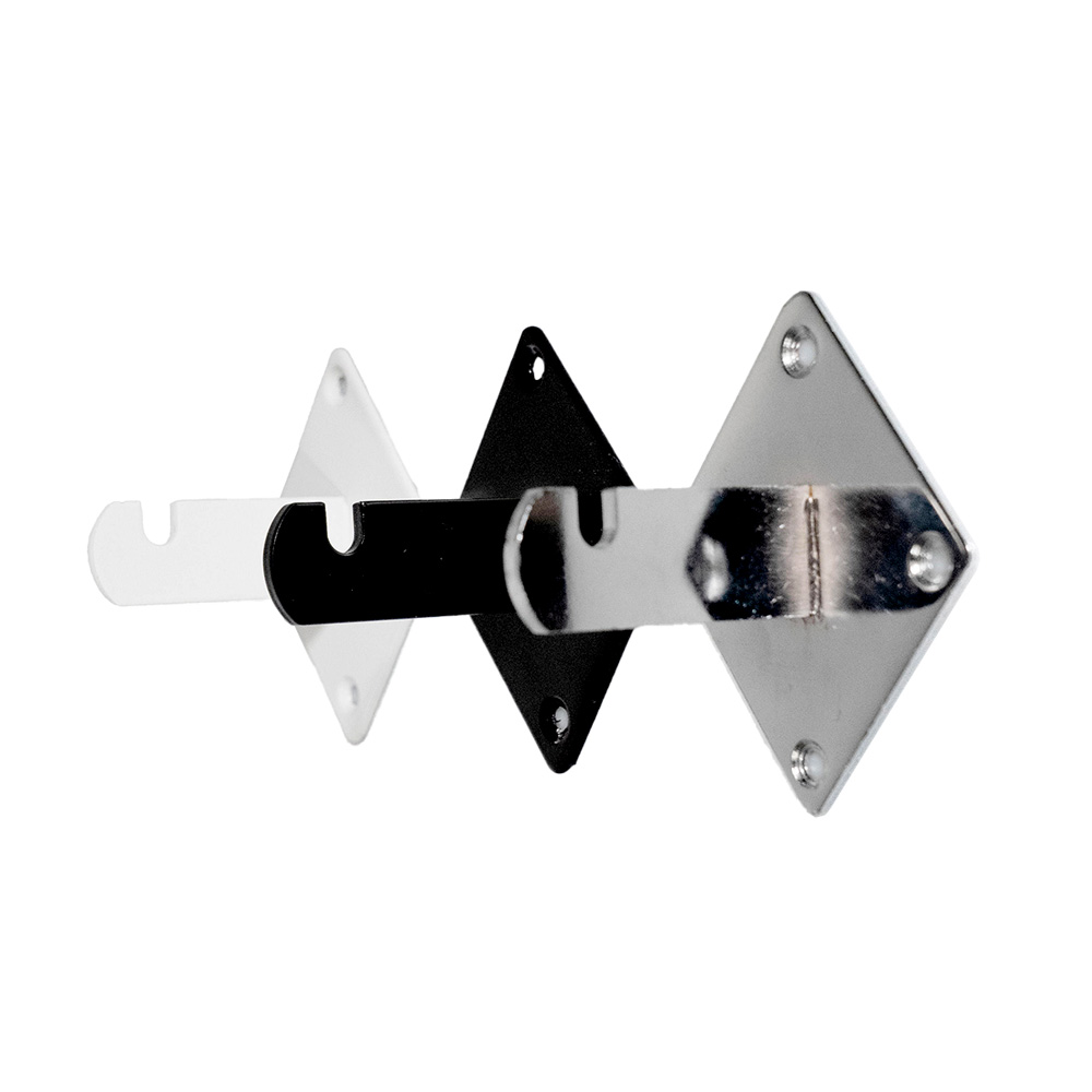Wall mount brackets for wire grid panels in Black, White, and Chrome mounted together on grid panel.