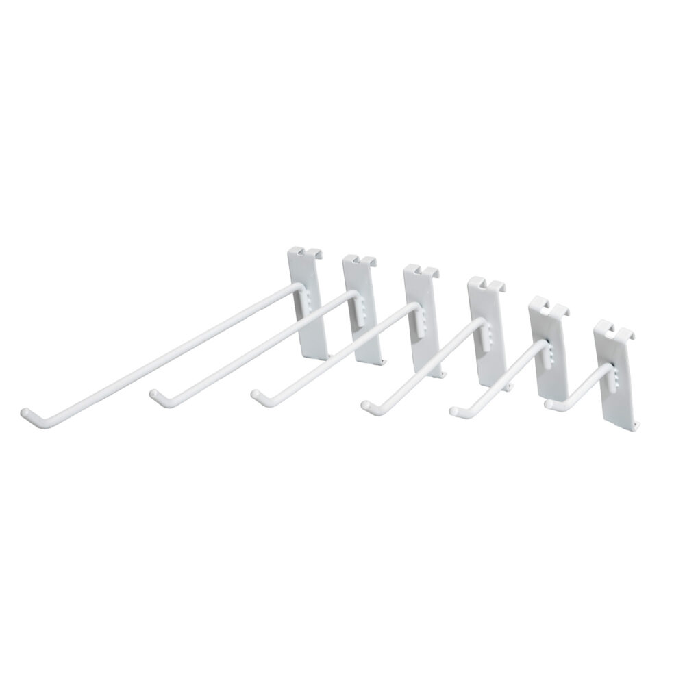 Commercial heavy-duty white gridwall panel display hooks in 2 to 12 inch lengths, isolated on white background.
