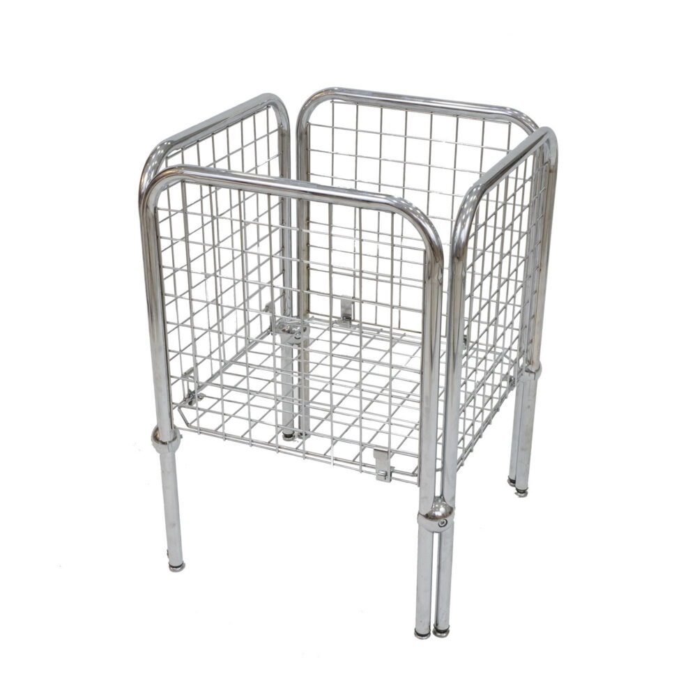 Chrome mobile tubular frame wire dump bin with swivel casters (SKU BW-019).