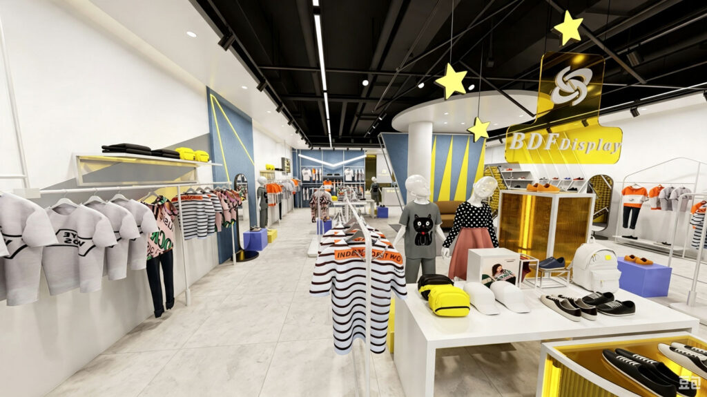Wide-angle interior view of 131.5 sqm kids clothing store showing central seating lounge, blue feature wall, white metal garment racks, and shoe display shelving