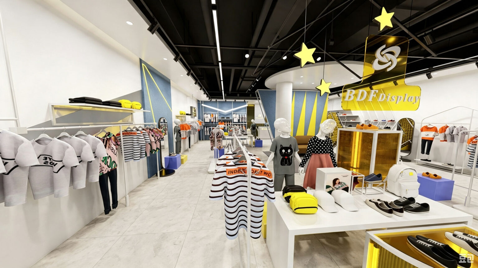 Wide-angle interior view of 131.5 sqm kids clothing store showing central seating lounge, blue feature wall, white metal garment racks, and shoe display shelving