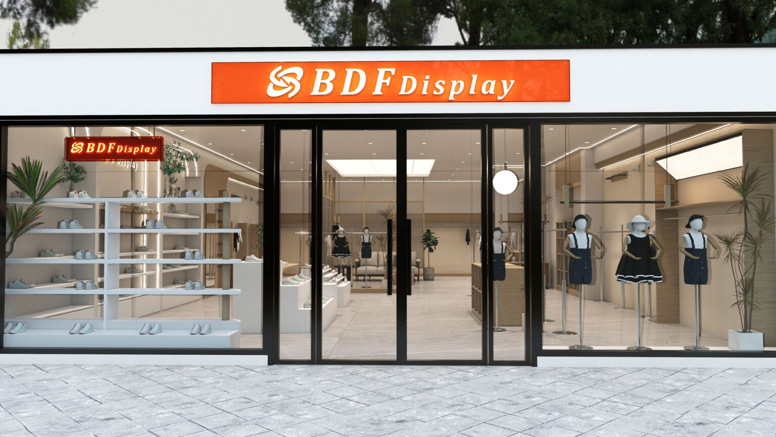 Modern retail store exterior facade featuring an illuminated orange BDFDisplay sign, full-height glass doors, mannequin window display, and footwear shelves