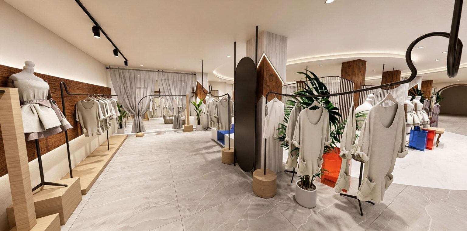 Modern female apparel store interior with white curved partition screen, acrylic pedestals, and full-body mannequins.