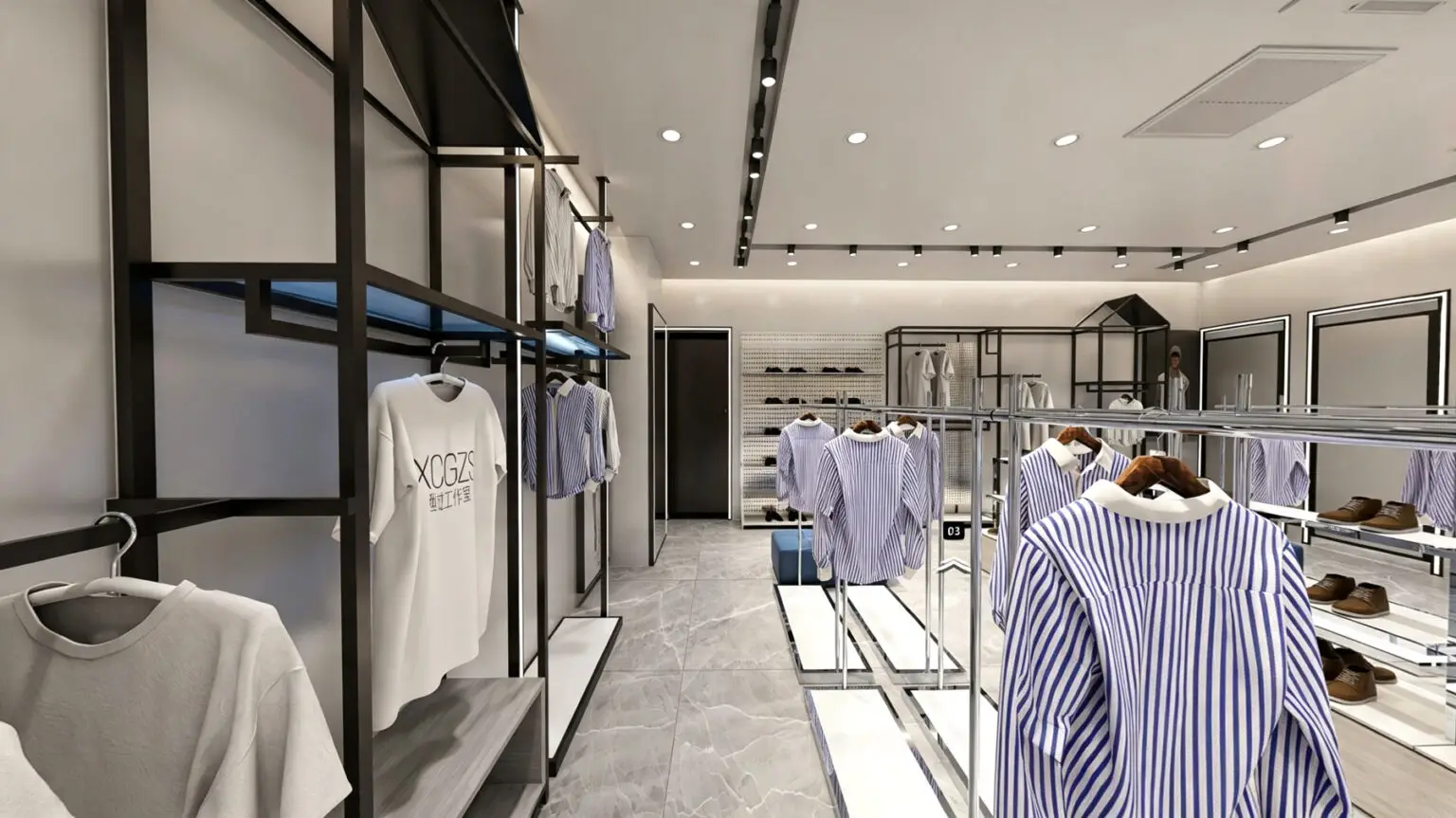 Custom pegboard wall panel paired with black metal hanging racks for versatile men's clothing display.