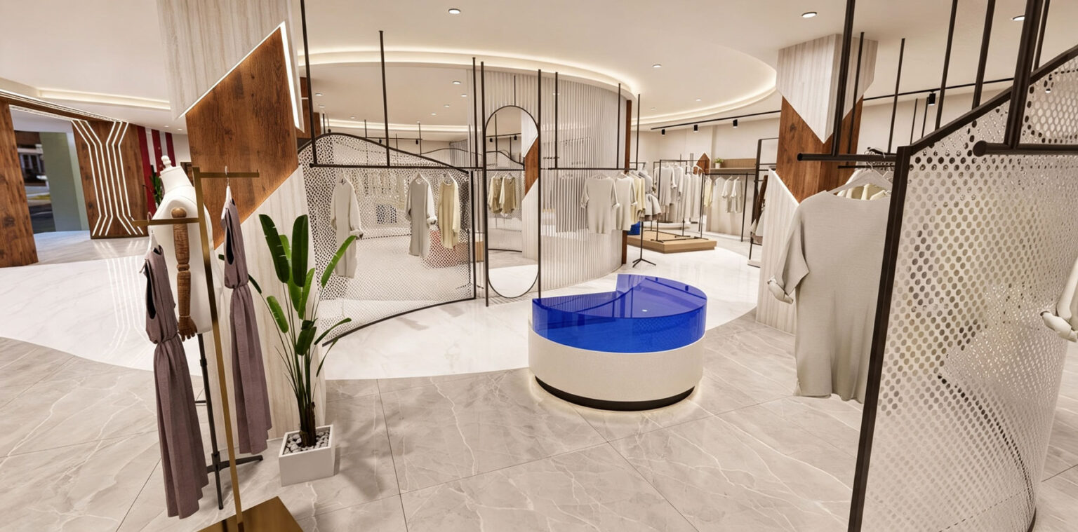 Female apparel boutique fitting room zone with metal wall racks, floor mannequins, and warm ambient lighting.