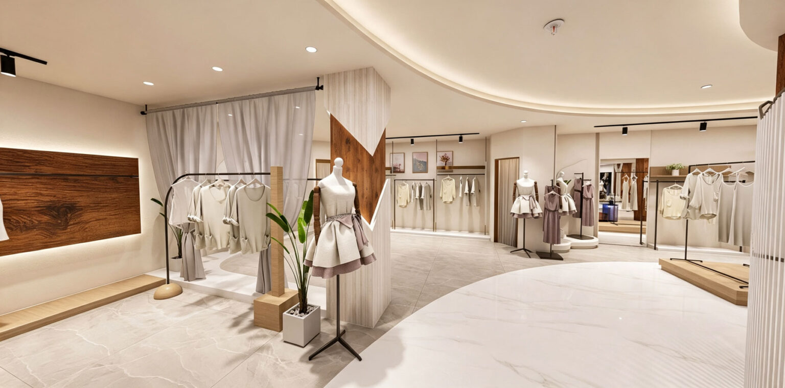 High-capacity black metal clothing racks and wood-grained display shelving for commercial women's clothing store.