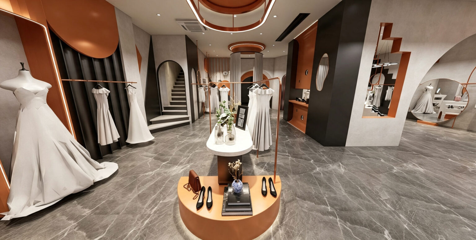 Tiered marble island display with rose gold metal accents showcasing luxury bridal shoes and handbags.