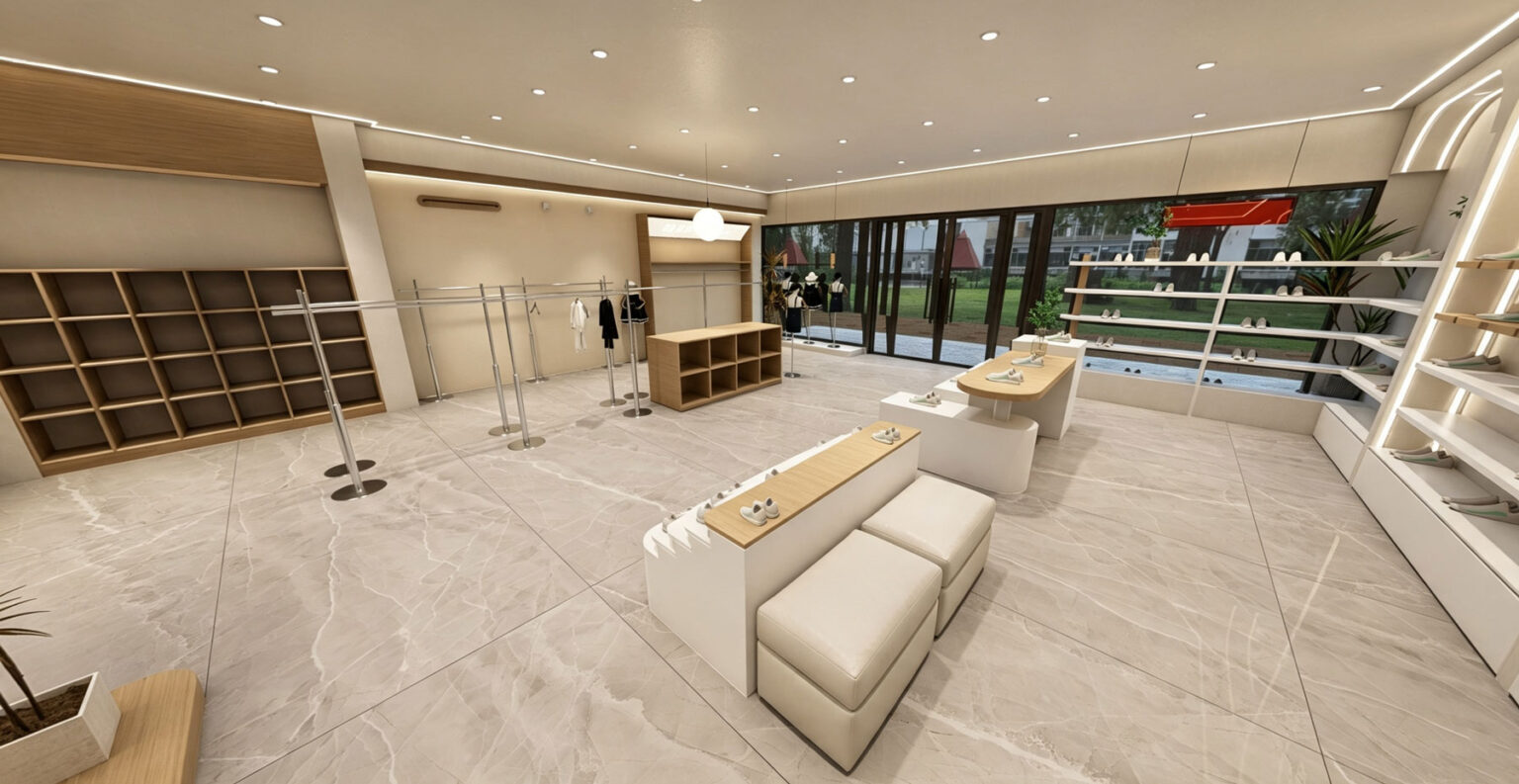 Mid-floor boutique layout showcasing freestanding stainless steel clothing rails and arched LED footwear shelves