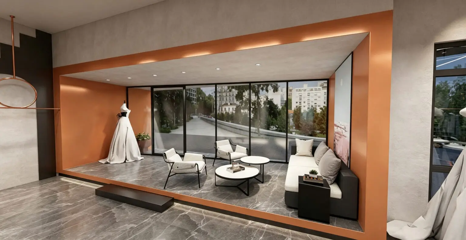 VIP consultation lounge by the store glass window with modern chairs and wedding dress display.
