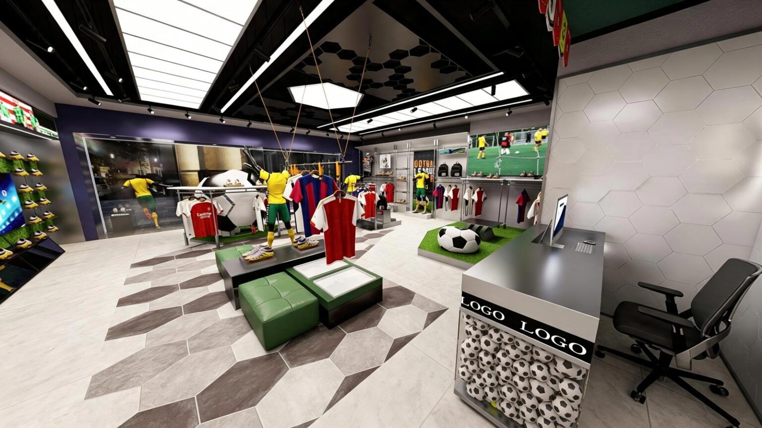 Artificial turf shoe try-on area with bean bag seating, digital media screen, and backwall team jersey display racks