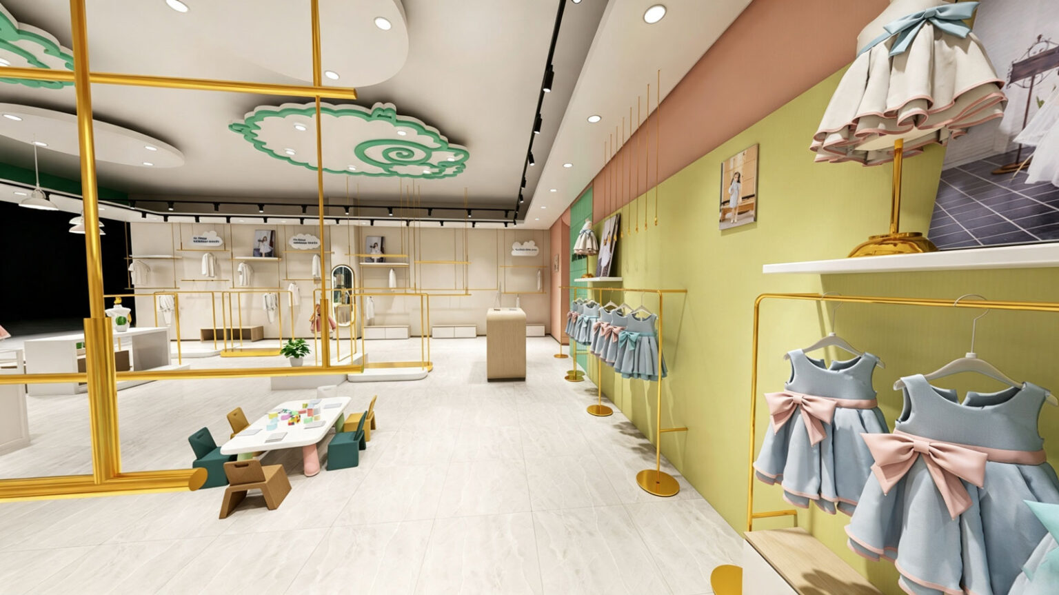 Central aisle displaying gold metal clothing racks with rounded bases, kid activity table set, and light wooden shoe storage cubes