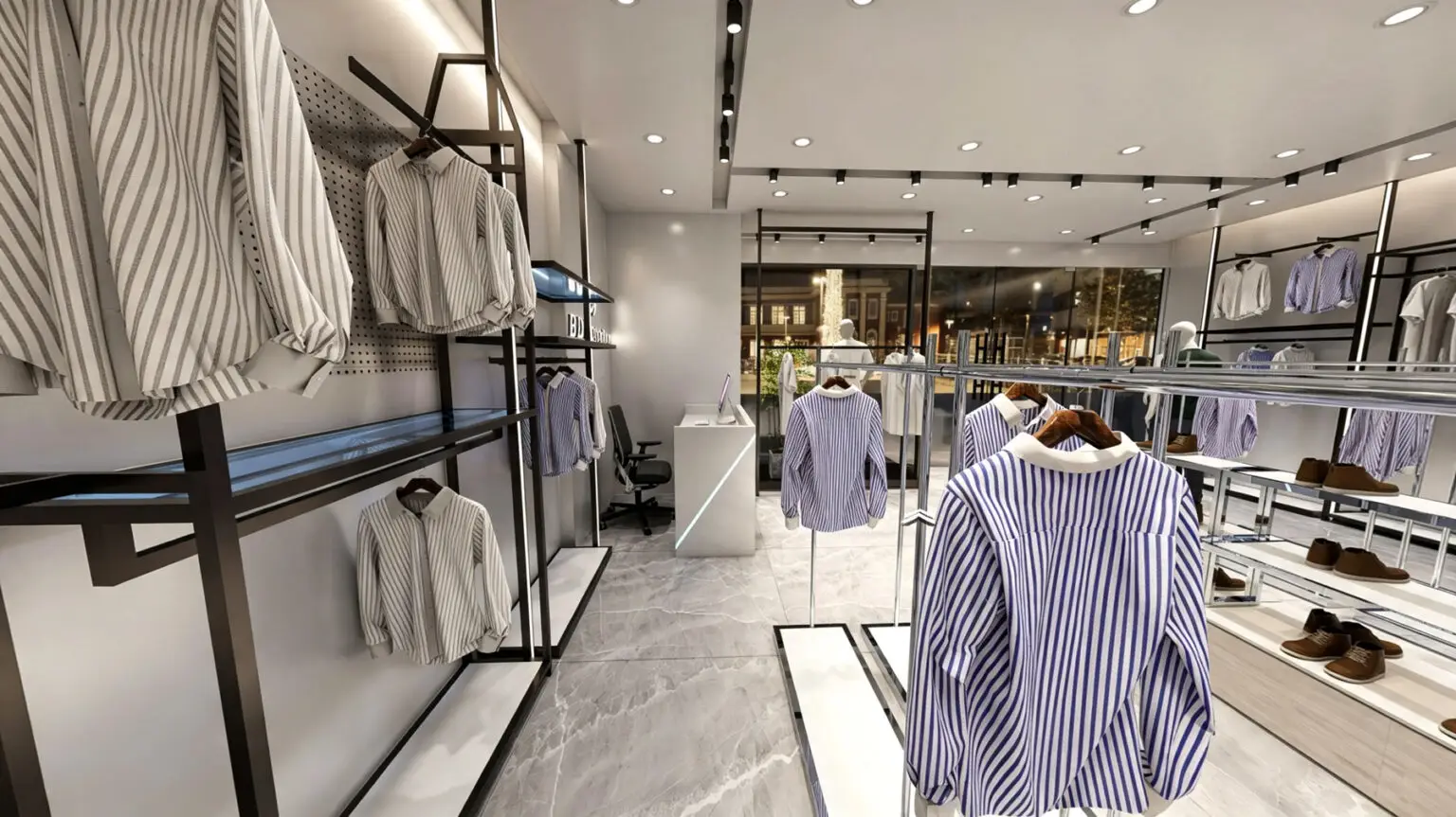 Symmetrical view of 78.5 sqm men's apparel store featuring central stepped footwear display and wall-mounted racks.