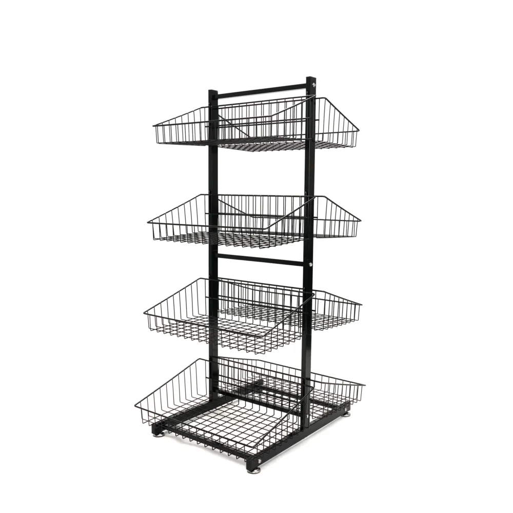 Double sided 4 tier wire basket display rack with adjustable feet - BDF Display BW-015