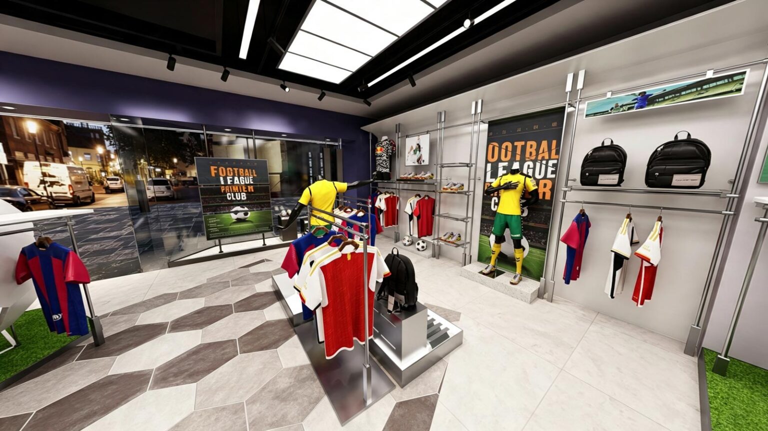 Contemporary cash wrap reception desk with transparent acrylic front filled with footballs and backwall BDFDisplay logo