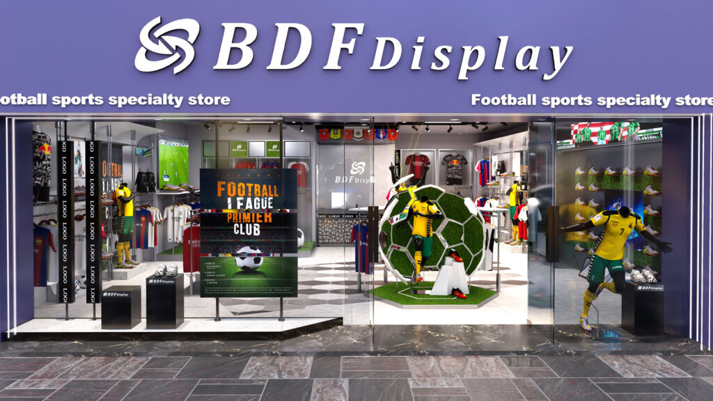 Purple storefront facade of BDFDisplay football specialty store with giant hollow football installation and jersey displays