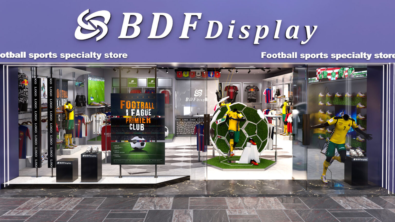 Purple storefront facade of BDFDisplay football specialty store with giant hollow football installation and jersey displays