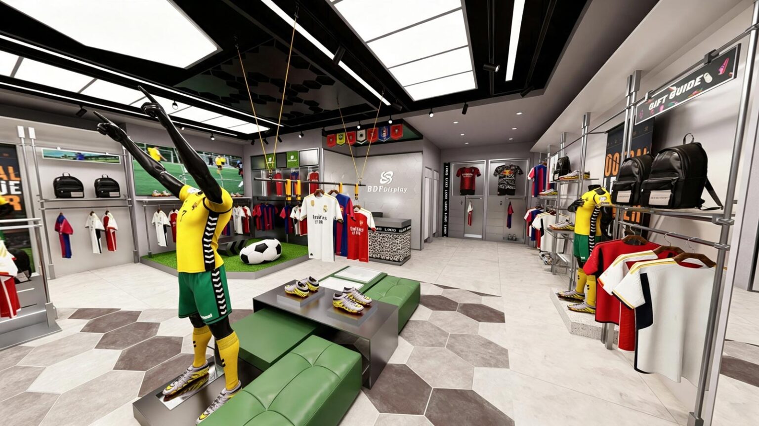 Modular silver wall rack system featuring backpack shelves, football boot displays, and dynamic soccer mannequin stand
