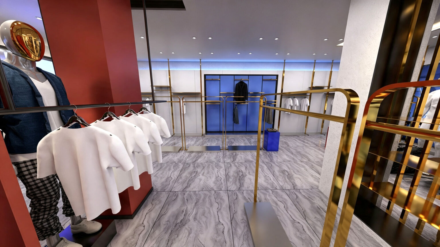 Wall-mounted brushed gold garment display rack system with hanging rails and top shelves