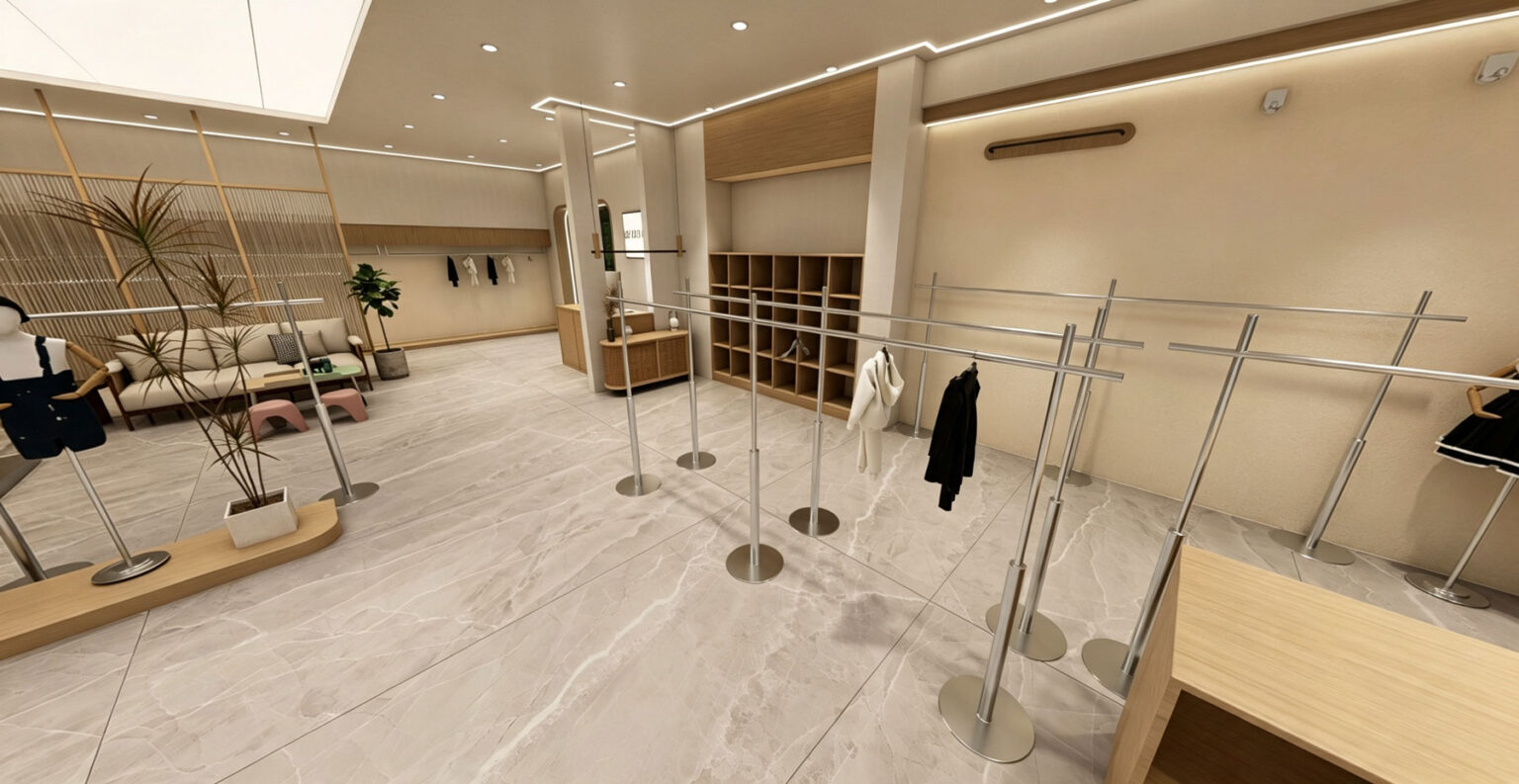 Stainless steel clothing display racks on oak base platforms with open wood storage cabinets