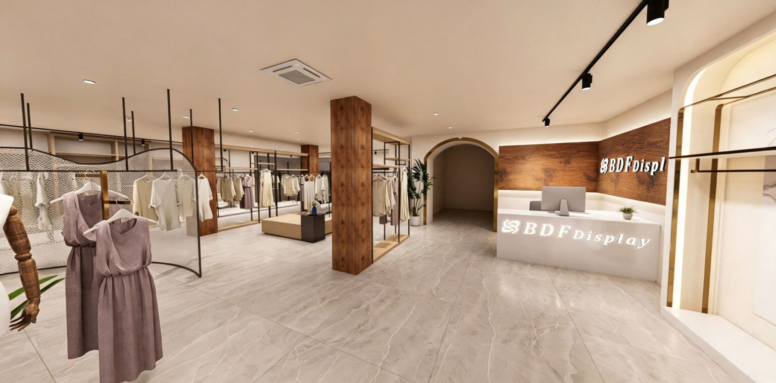 Open-plan 393m² female apparel store fixtures featuring wood pillar wraps, curved partition rails, and wooden nesting bases.