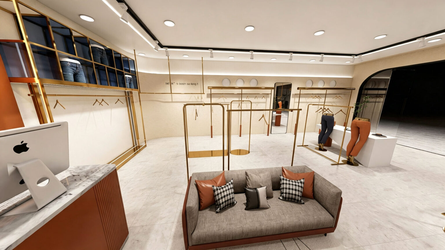 Modern women's clothing storefront with terracotta header logo, hollow block screen, and gold leg mannequins by BDFDisplay