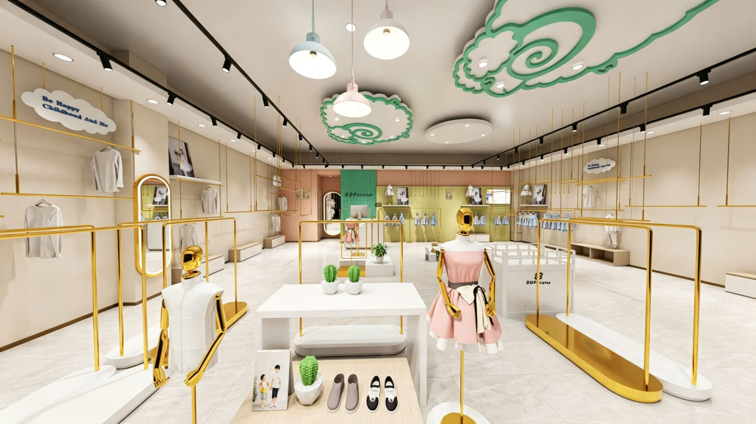 Ceiling-suspended gold rod garment display system on beige wall with arched LED floor mirror by BDFDisplay