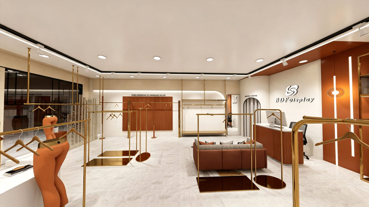 Perspective view from entrance showing white asymmetrical table, gold pants mannequins, and terracotta reception desk