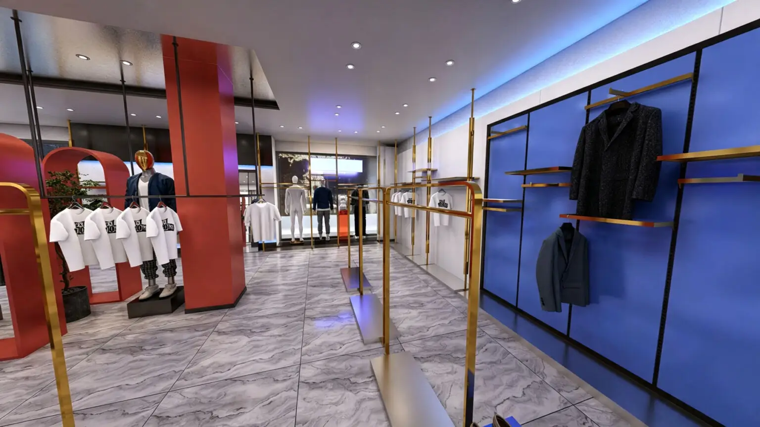 Center floor merchandising view of men's boutique with gold clothing racks and display mannequins