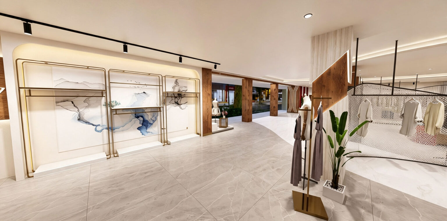 Modern white reception desk with illuminated BDFDisplay logo and natural wood backwall paneling.