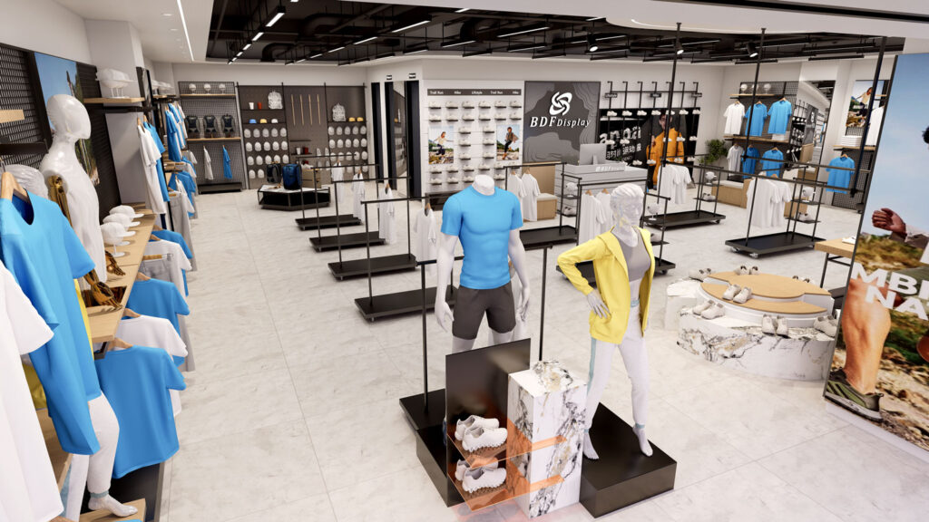 Overview of sports boutique interior layout with rolling clothes racks and display island