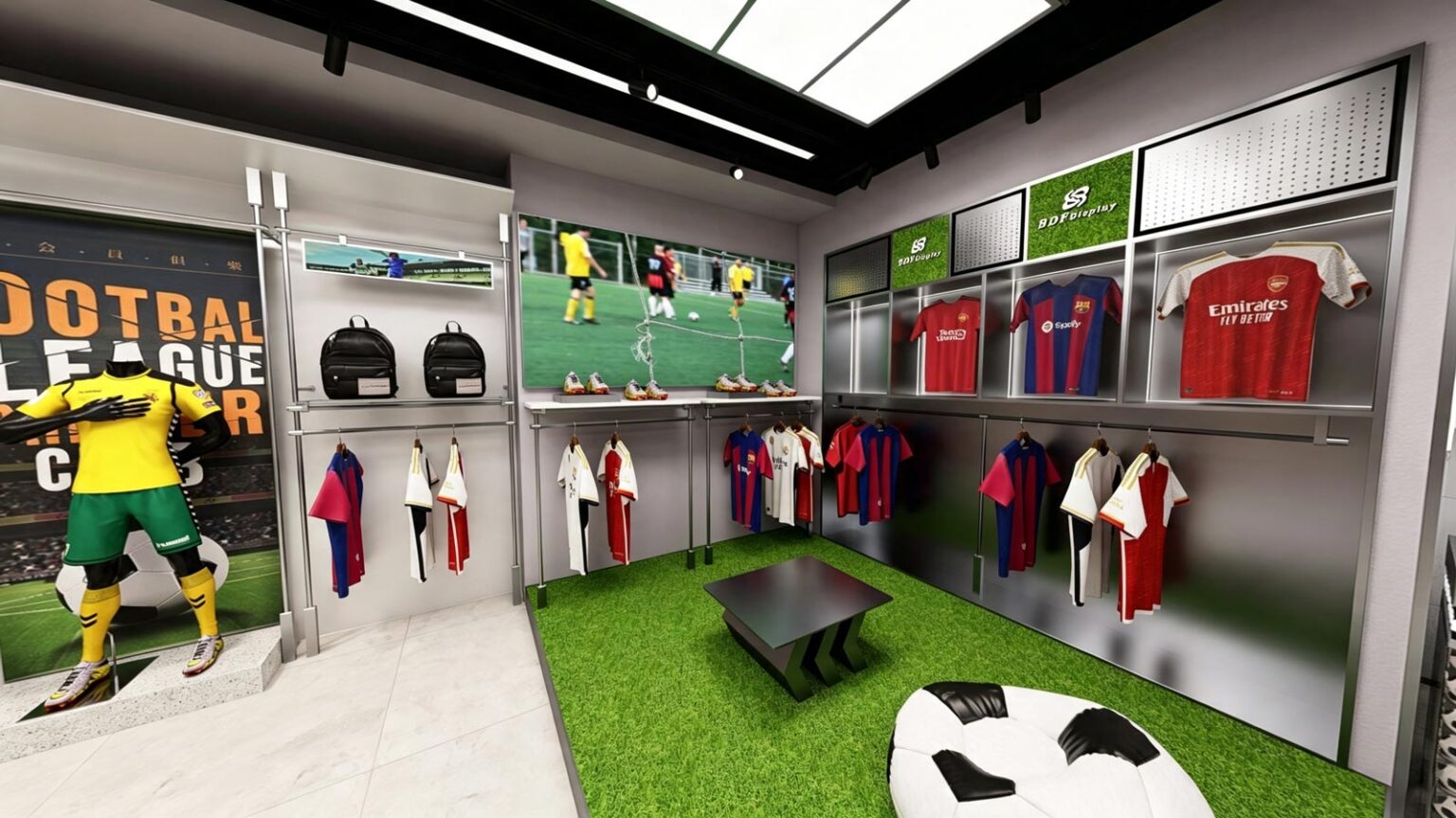 Silver metallic wall bay system with illuminated top jersey showcases, hanging rails, and integrated inventory storage drawers