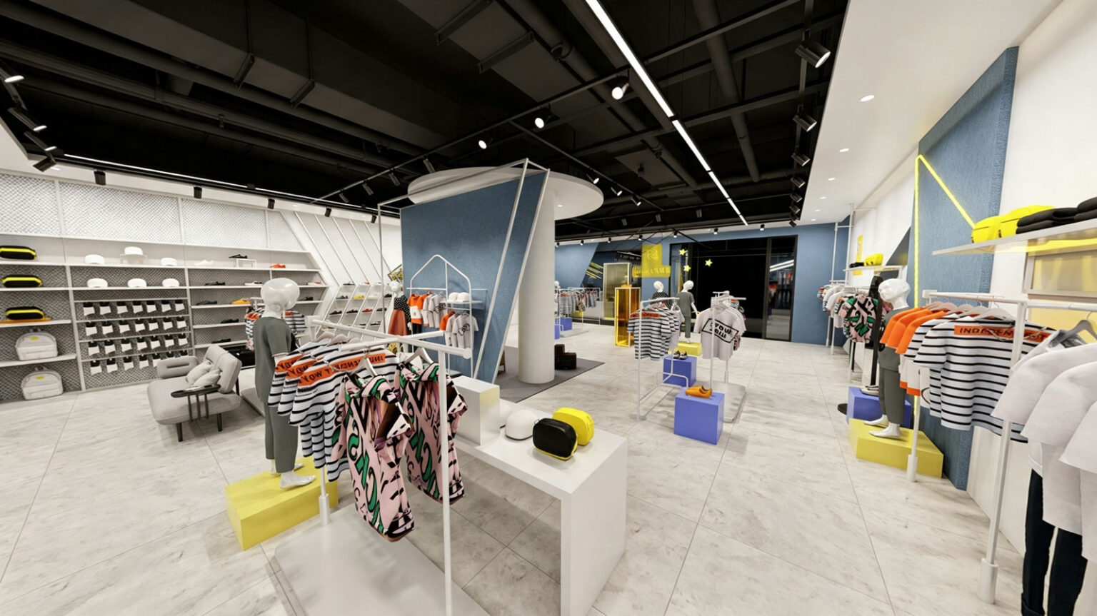 Wall-mounted white metal clothing display rack system with shelves on a textured blue accent wall by BDFDisplay