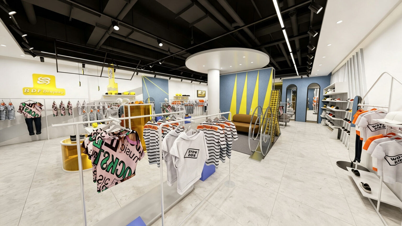 Full interior store layout facing the entrance featuring white clothing display tables, kids mannequins, and blue feature walls