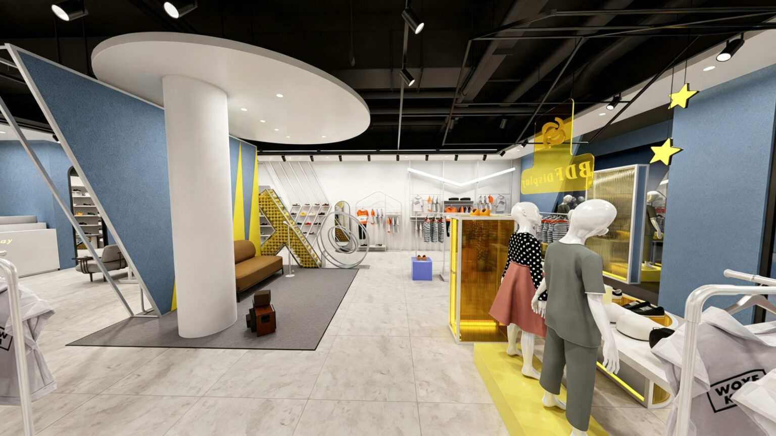 Retail checkout desk with illuminated yellow backdrop and white metal kids clothing display racks