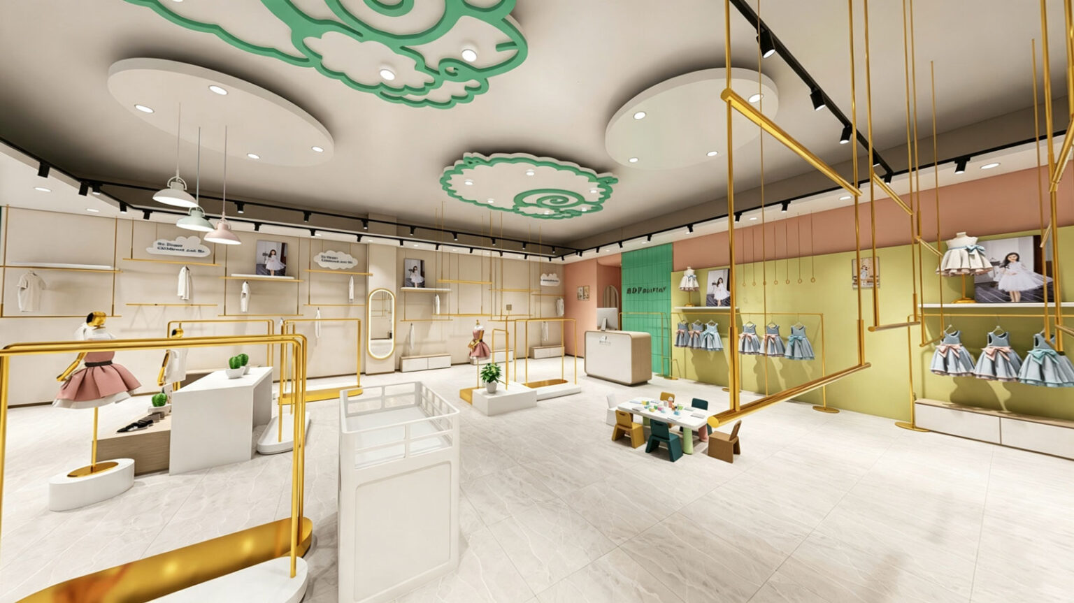 Multi-tier ceiling-suspended gold metal display frames for kids outerwear and dresses, paired with dark teal curtain wall
