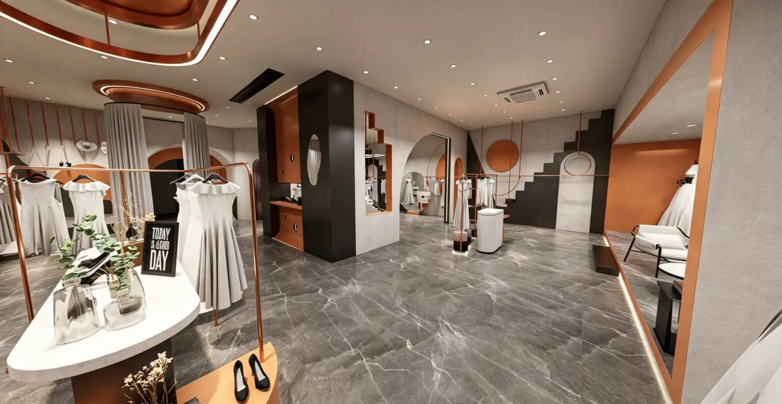 Wide-angle view of a 162.5m² bridal boutique interior featuring grey tile flooring, rose gold fixtures, and ceiling lighting.