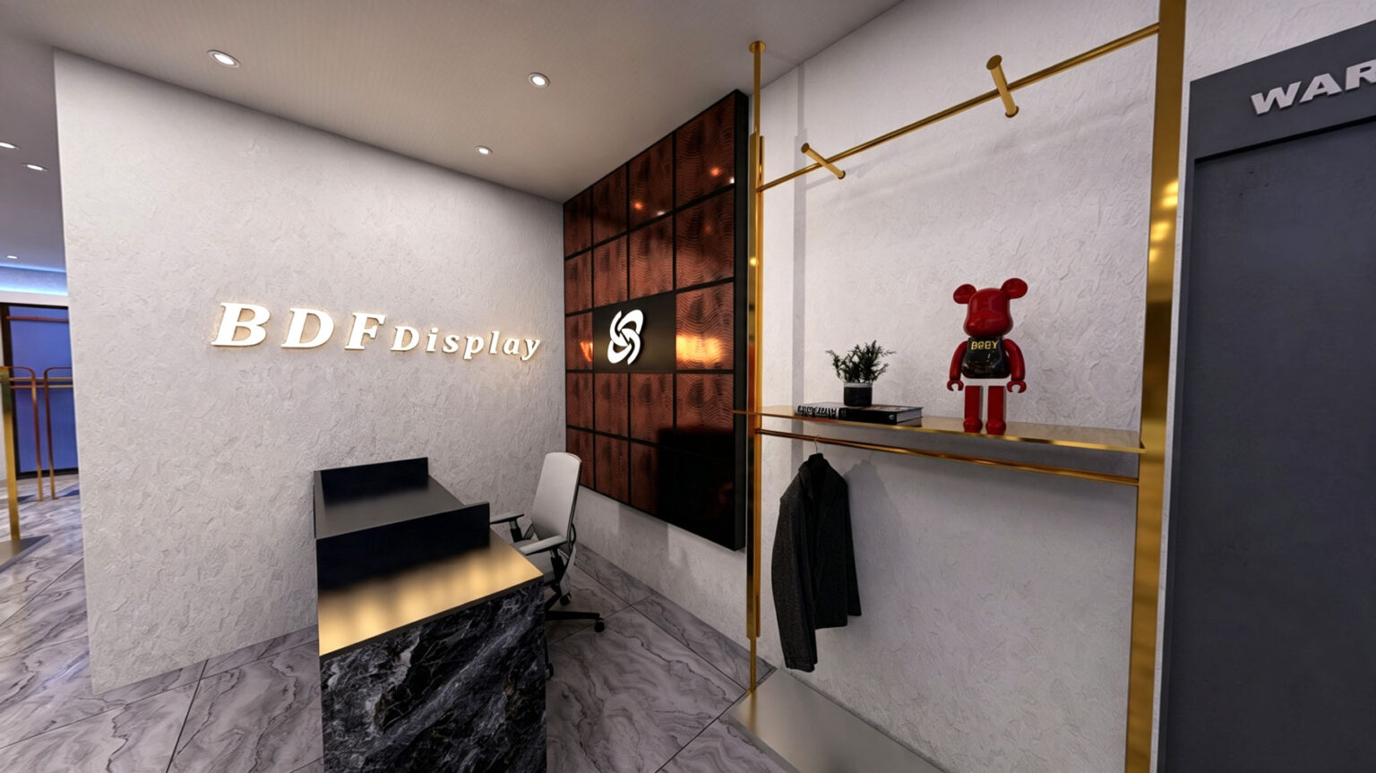 Modern menswear store interior view showing leather sofa lounge area and gold garment racks