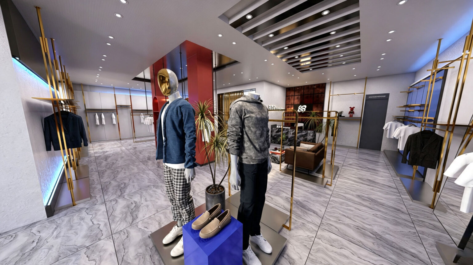 Center floor seating and electric blue wall display panels with gold clothing hanging rails