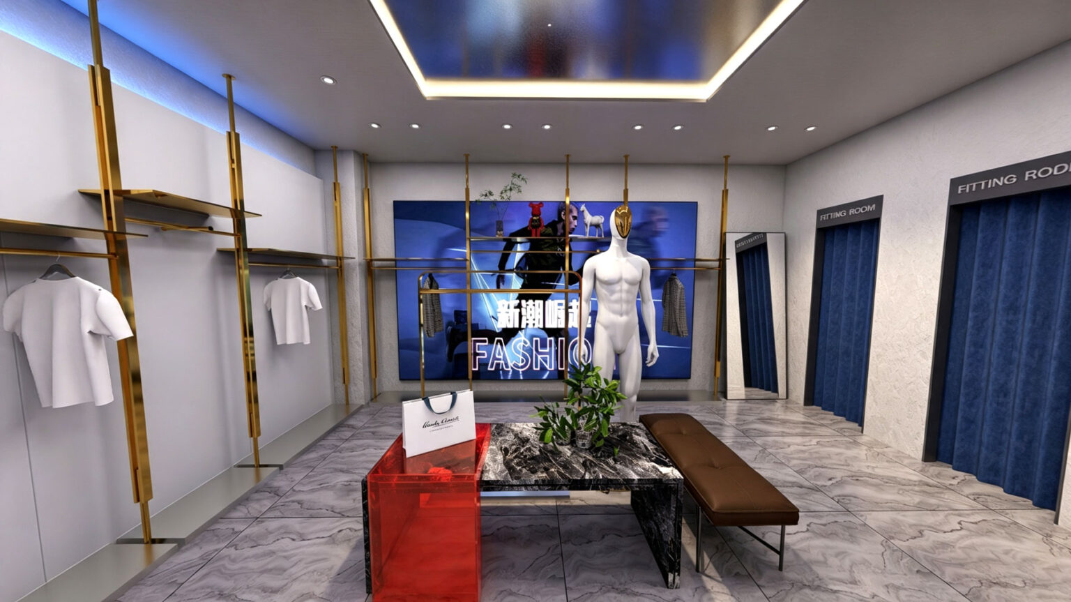 Freestanding brushed gold double bar metal clothing rack with hanging white t-shirts