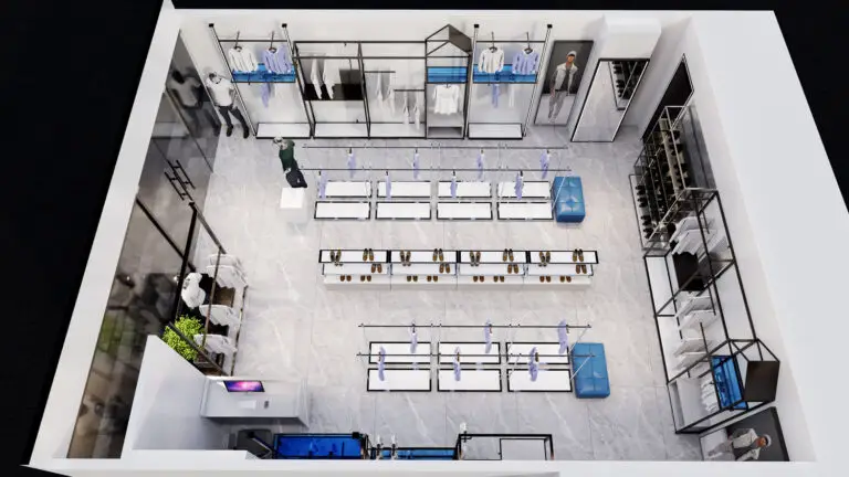 Complete 3D retail store design case study by BDFDisplay showing custom clothing racks and footwear displays.
